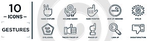 gestures linear icon set. includes thin line hand gesture, hand pointer, eyelid, thumb finger up, look up, dissatisfaction,