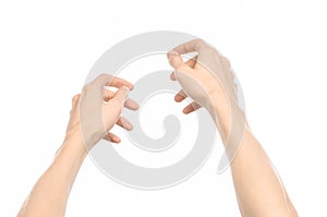 Gestures topic: human hand gestures showing first-person view isolated on white background in studio