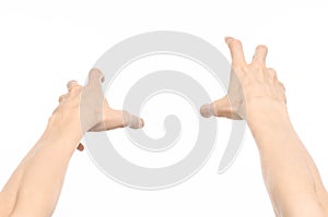 Gestures topic: human hand gestures showing first-person view isolated on white background in studio