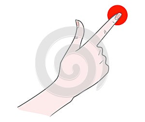 Gestures. Woman`s hand presses the index finger.  Isolated on a white background