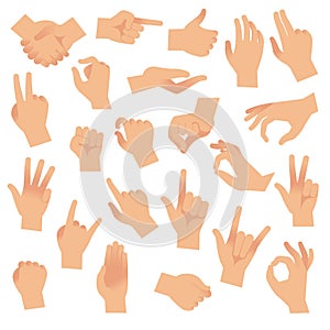 Gesturing hands. Hand with counting gestures, forefinger sign. Open arm showing signal, interactive communication vector