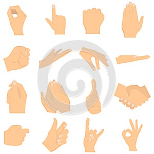 Gesturing hands. Signs and hand gestures. Shaking hands, clapping, thumb up, index finger, rock and roll sign
