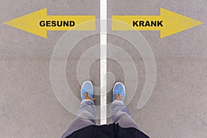 Gesund / Krank, German text for healthy or sick on asphalt ground, feet and shoes on floor