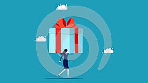 Get a big bonus. businessman carrying a big gift box. vector illustration