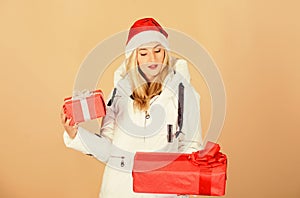 Get bonus. Christmas gifts for customers. Loyalty program. Christmas mood. Winter clothes. Girl wear winter white jacket