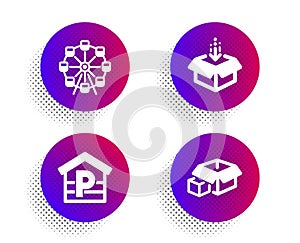 Get box, Parking and Ferris wheel icons set. Packing boxes sign. Send package, Garage, Attraction park. Vector