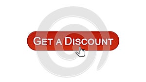 Get a discount web interface button clicked with mouse cursor, wine red color