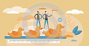 Get ducks in row visualization vector illustration in tiny persons concept.
