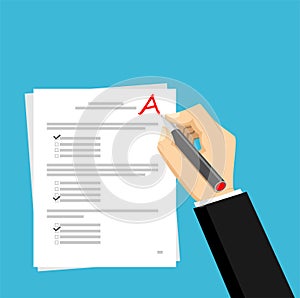 Get A for the exam. Checking in the answer of final exam concept. Score of test concept illustration