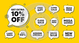 Get Extra 10 percent off sale. Discount offer sign. Offer speech bubble icons. Vector