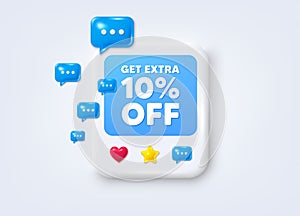 Get Extra 10 percent off sale. Discount offer sign. Social media post 3d frame. Vector