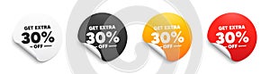 Get Extra 30 percent off Sale. Discount offer sign. Round sticker badge banner. Vector