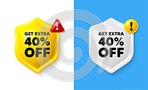 Get Extra 40 percent off Sale. Discount offer sign. Shield 3d banner with text box. Vector