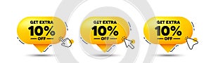 Get Extra 10 percent off sale. Discount offer sign. Click here buttons. Vector