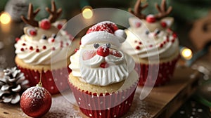 Get into the holiday spirit with these festive cupcakes decorated with Santas jolly face and his trusty reindeer. Set photo