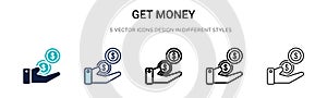 Get money icon in filled, thin line, outline and stroke style. Vector illustration of two colored and black get money vector icons