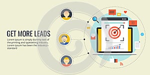 Get more leads - online lead generation process. Flat design marketing banner.