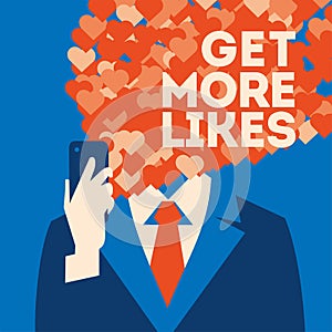 Get more likes poster. Businessman holding smartphone with social network