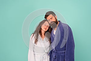 Get more sleep. Bearded man and sexy woman sleep blue background. Couple in love take nap. Sleep time. Naptime. Early