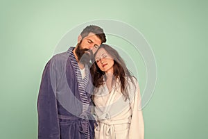 Get more sleep. Bearded man and sexy woman sleep blue background. Couple in love take nap. Sleep time. Naptime. Early