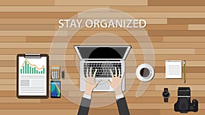 Get organized workspace with people work on his desk