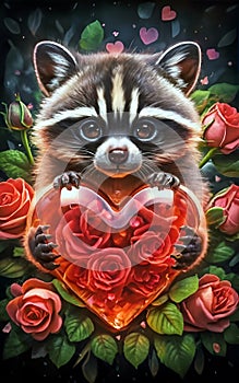 Adorable Love Growls: Kawaii Baby Raccoon Embraces Hearts