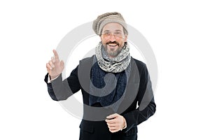 Get ready for frosty days. Mature fashion model enjoy cold weather. Bearded man accessorizing outfit with scarf. Winter