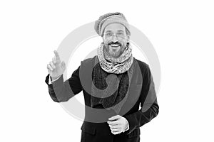 Get ready for frosty days. Mature fashion model enjoy cold weather. Bearded man accessorizing outfit with scarf. Winter