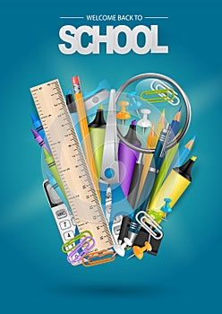 Get ready for school poster or flyer. Stationery items for kids