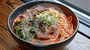 Get ready to feel the burn with this firebreathing noodle bowl. Vibrant spinach noodles swim in a pool of flaming red