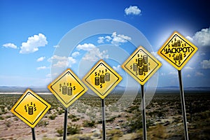 Get rich or wealth concept with US dollar symbol on yellow road sign on wilderness landscape