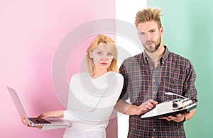 Get rid of junk. Woman with modern laptop and man with old retro typewriter. Why do you keep outdated stuff. Use