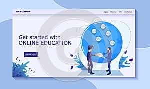 Get started online education, male receive diploma from rector, vector illustration. Contact us, info, about us, home photo