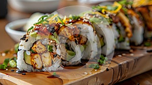 Get a taste of the Caribbean with these sushi rolls featuring sweet plantains creamy avocado and jerkmarinated chicken