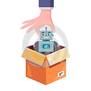Get a toy robot out of the box. give a gift on the child`s birthday.