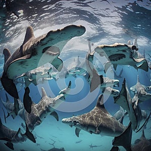 Hammerhead Sharks Swimming in a Large School in the Ocean