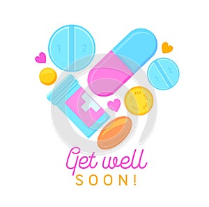 Get Well Soon Banner with Cartoon Pills, Medicine Tablets and Hand Written Typography. Wish Health to Friend