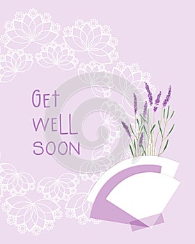 Get Well Soon collage pink postcard vintage style, lavender and lace doily, scrapbooking, for congratulations