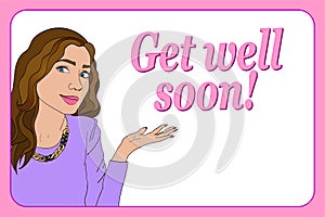 Get well soon greeting card. Smiling lady