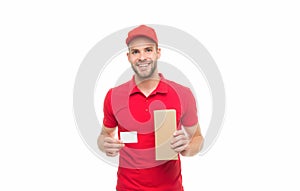 Get your discount card. Happy courier hold card and box. Parcel delivery. Delivery man show blank card for business