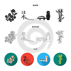 Geta, sakura flowers, bamboo, hieroglyph.Japan set collection icons in black,flat,outline style vector symbol stock