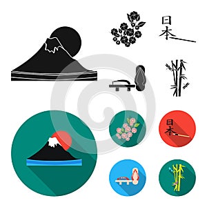 Geta, sakura flowers, bamboo, hieroglyph.Japan set collection icons in black, flat style vector symbol stock