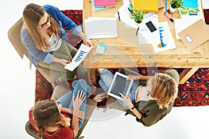 Getting down to their project. High angle shot of a group of female university students working on a project together at