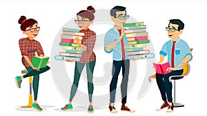 Getting Knowledge Concept Vector. Encyclopedia. Man And Woman In Book Club. Library, Academic, School, University