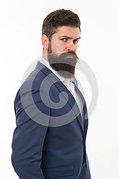 Getting serious hair volume. Bearded man with unshaven facial hair. Professional businessman isolated on white. Hipster