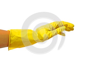 Getting started cleaning. Yellow rubber gloves for cleaning on white background .General or regular cleanup.