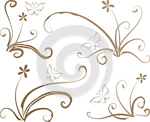 Calligraphic decorative elements butterfly flowers leaf plant with lines