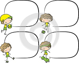 Vector illustration cartoon boy playing musical instruments, pulley, tennis, basketball, football, skating, scooter series border