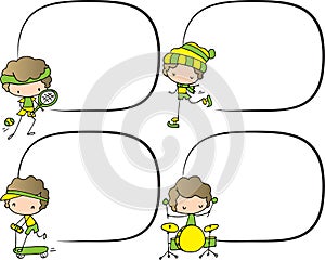 Vector illustration cartoon boy playing musical instruments, pulley, tennis, basketball, football, skating, scooter series border
