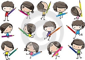 Vector cartoon boys and girls hold colour pencil set border frame background